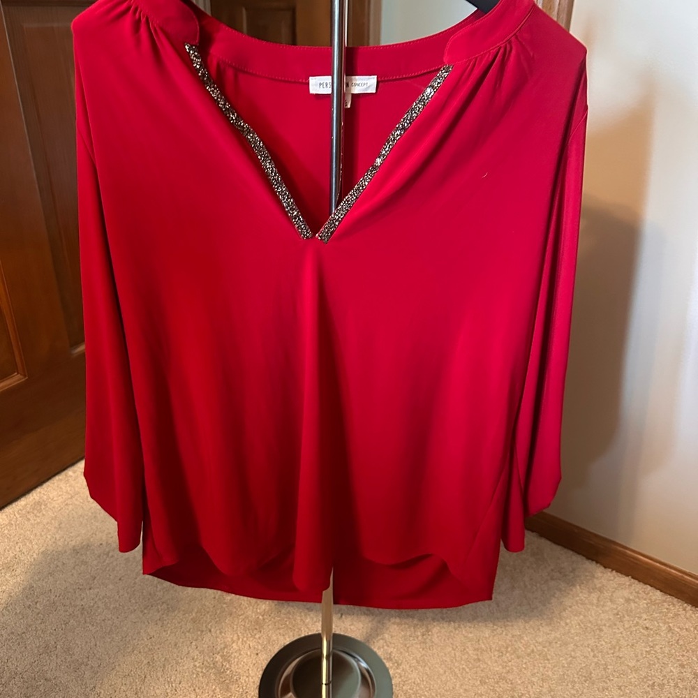 Chico's Perseption Red Embellished 3/4 Sleeve Blouse
